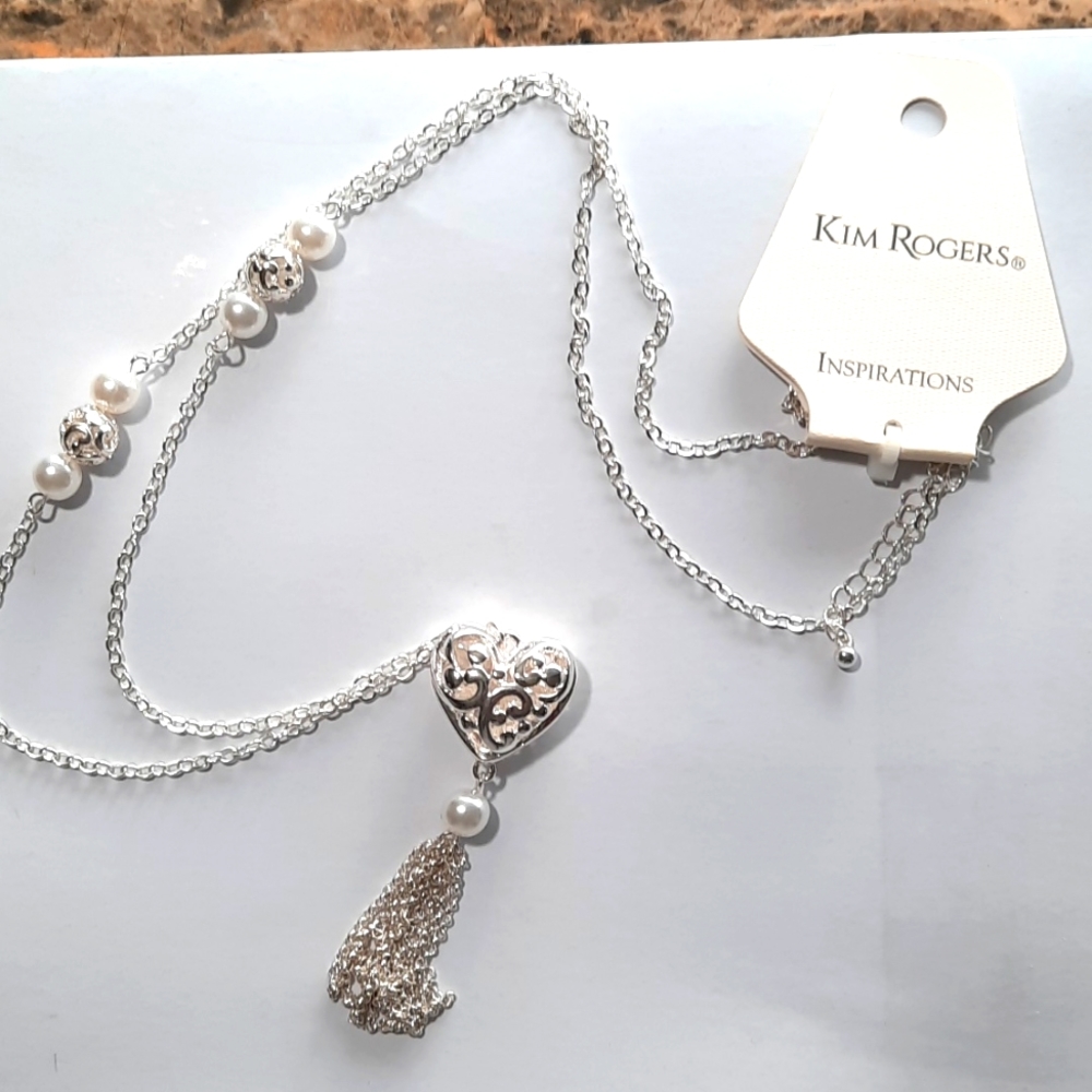 Kim Roger's Inspirations opera-length Statement Necklace Silver and Faux Pearl